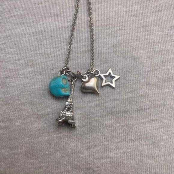 Paris Catacombs Eiffel Tower Souvenir Necklace Charms Turquoise Skull - Picture 1 of 4